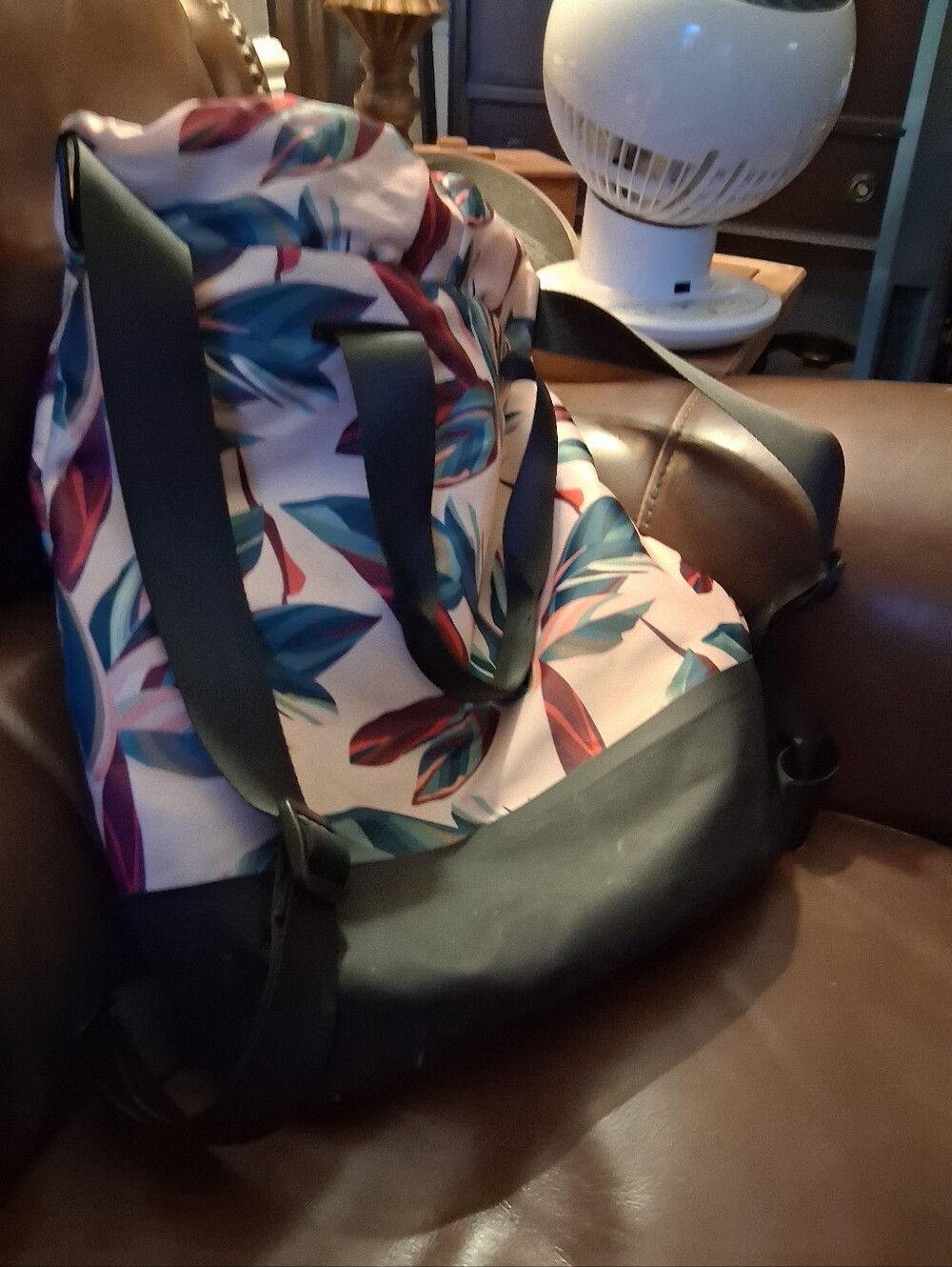 Tropical Leaf Print Backpack with Black Base